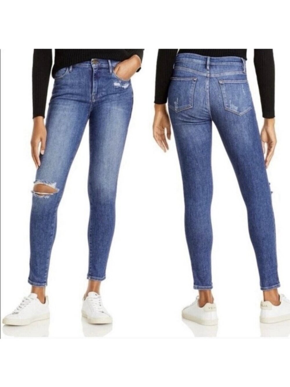 frame le high skinny Rise jeans Denim Solid Blue Saxon distressed 26